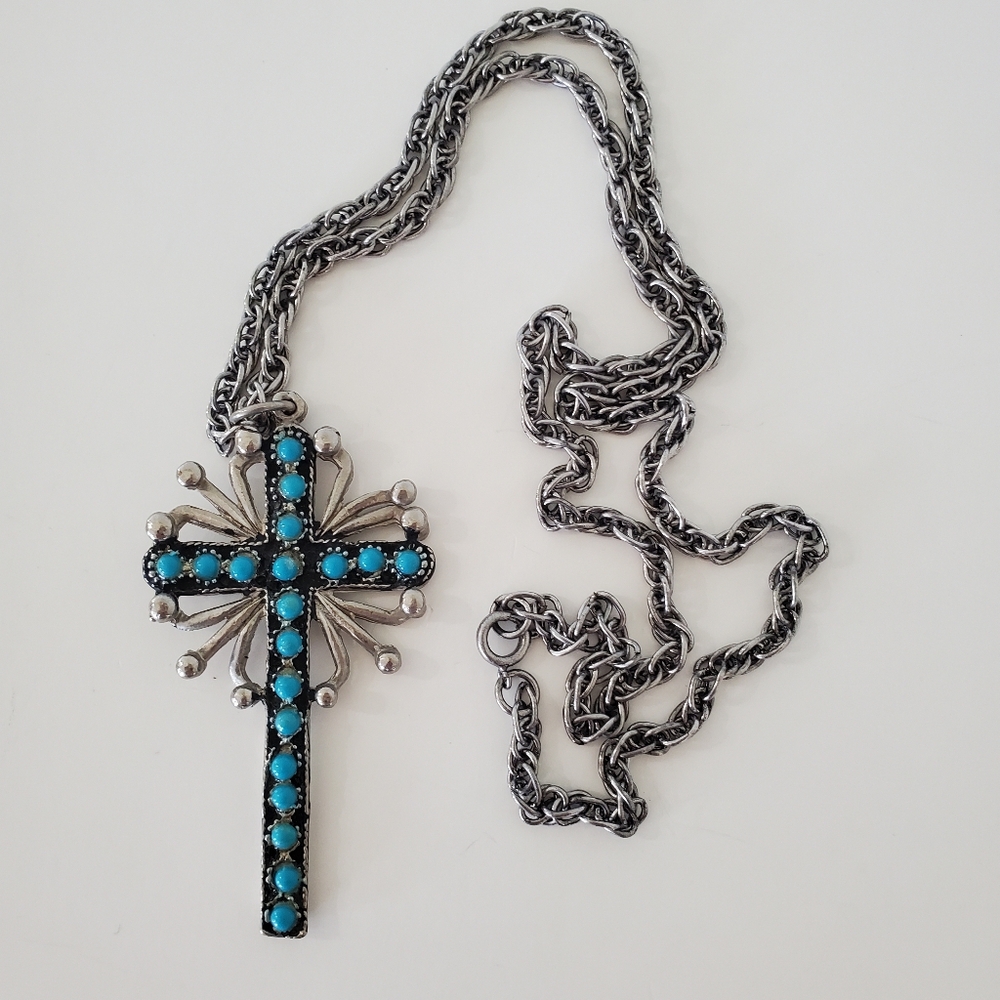23" Silver Chain 2.75x1.5" Silver Cross Pendant Turquoise Color Western BOHO